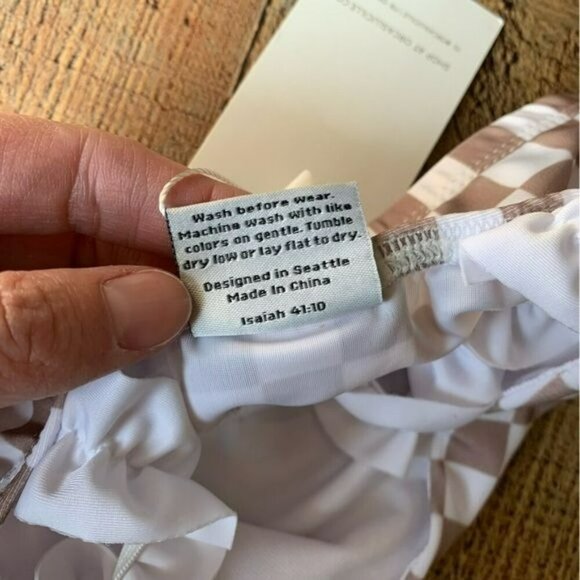 Orcas Lucille baby girls tan and white checkered swimsuit top with ruffle sleeve - Picture 5 of 6